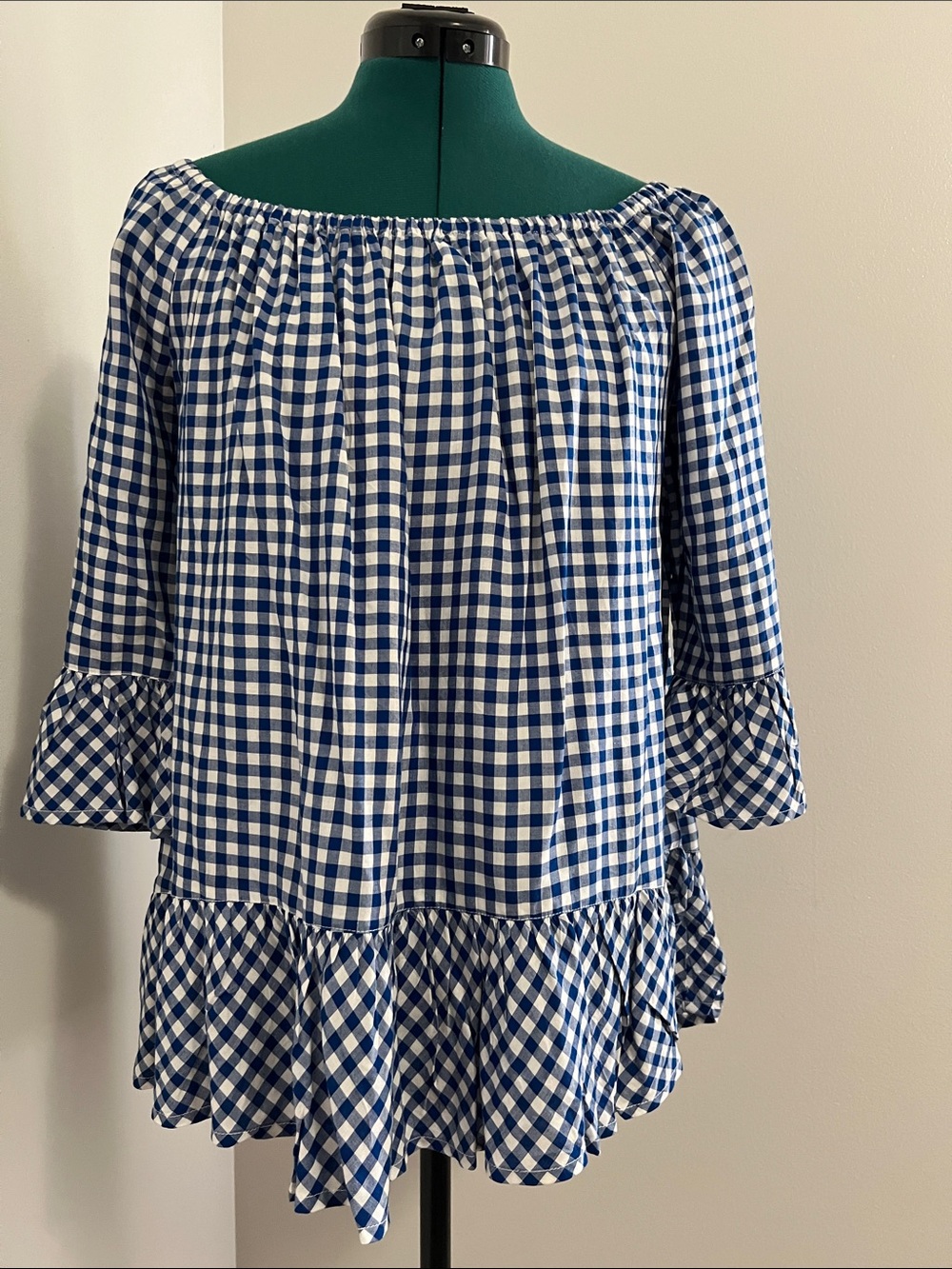 beachlunchlounge Blue and White Gingham Off-Shoulder Dress